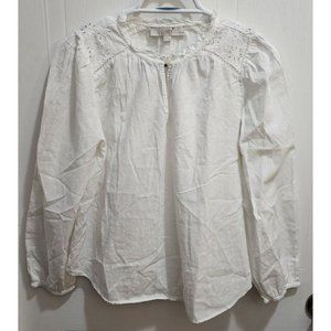 Ann Taylor Loft Womens Long Sleeve Eyelet Dotted Split Neck Blouse White Size MP